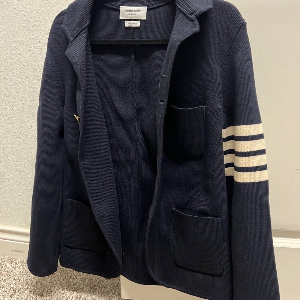 Thom Browne Blue Bomber Jacket with Gold Stripes